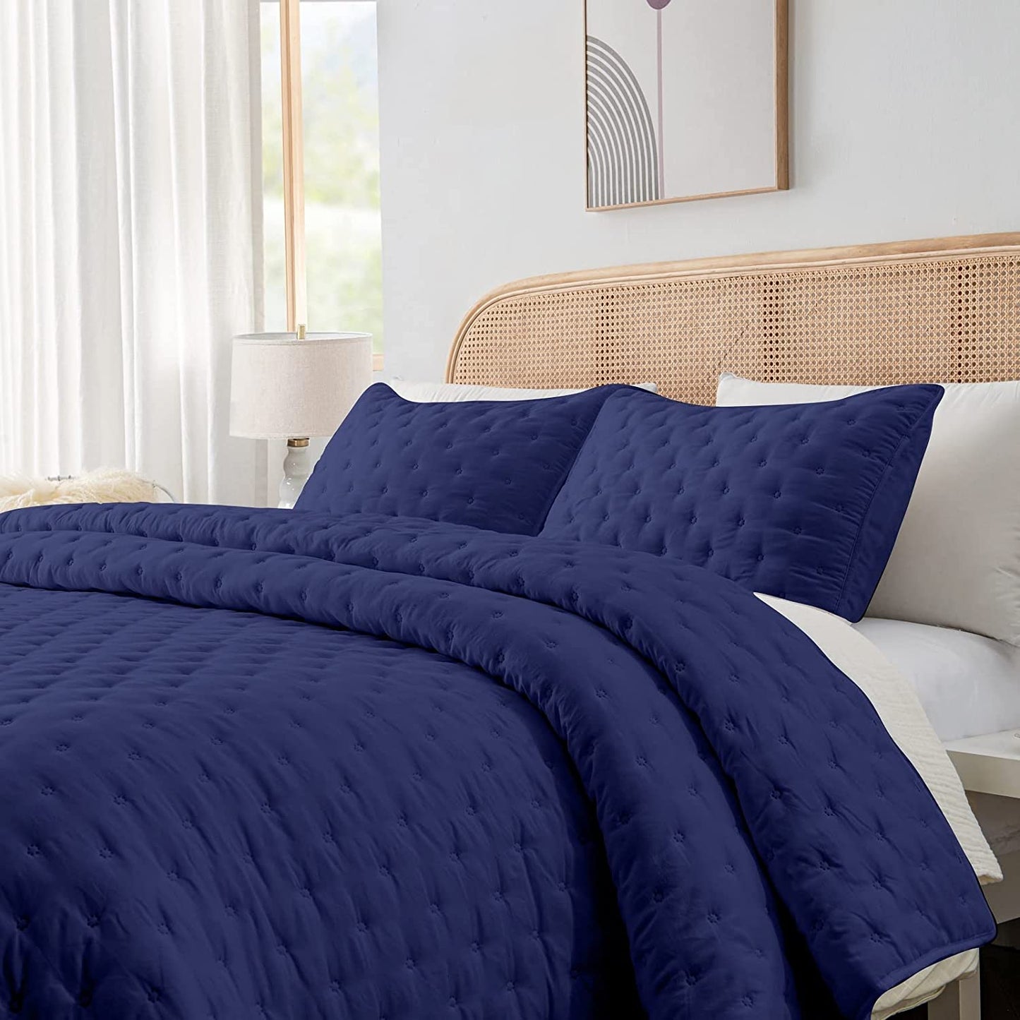 3-Piece King Navy Blue Quilt Set,Soft Warm Ultrasonic Reversible Coverlet Bedspread Set with 2 Pillow Sham