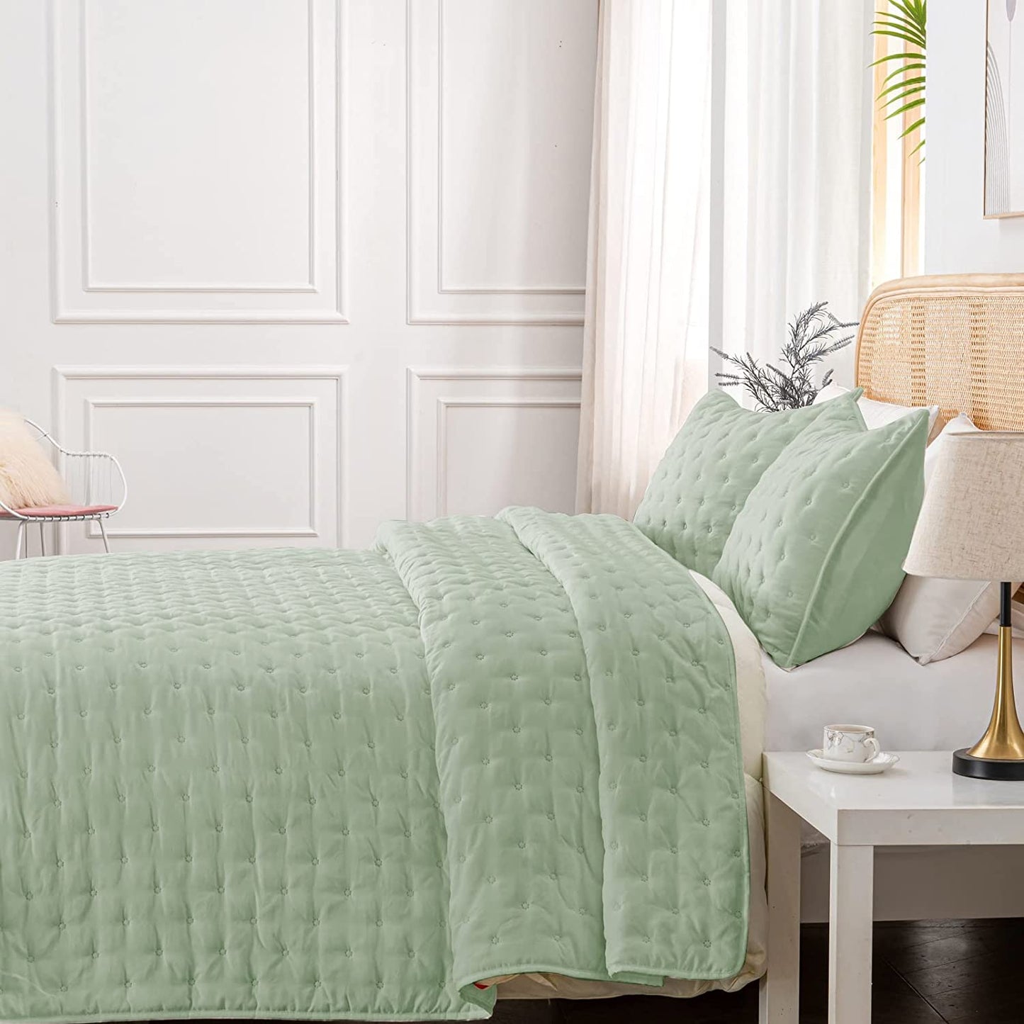 3-Piece King/Queen/Twin Quilt Set Green,Soft Warm Ultrasonic Reversible Coverlet Bedspread Set with 2 Pillow Sham