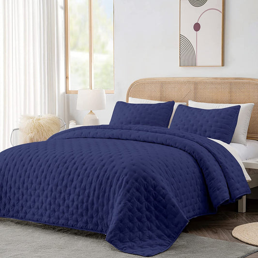 3-Piece King Navy Blue Quilt Set,Soft Warm Ultrasonic Reversible Coverlet Bedspread Set with 2 Pillow Sham