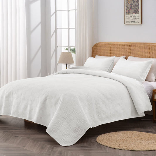 3-Piece White Queen Size Quilt Set,Soft Warm Geometric Ultrasonic Reversible Coverlet Bedspread Set (90 x 90 Inch) with 2 Pillow Sham (20 x 26 Inch)