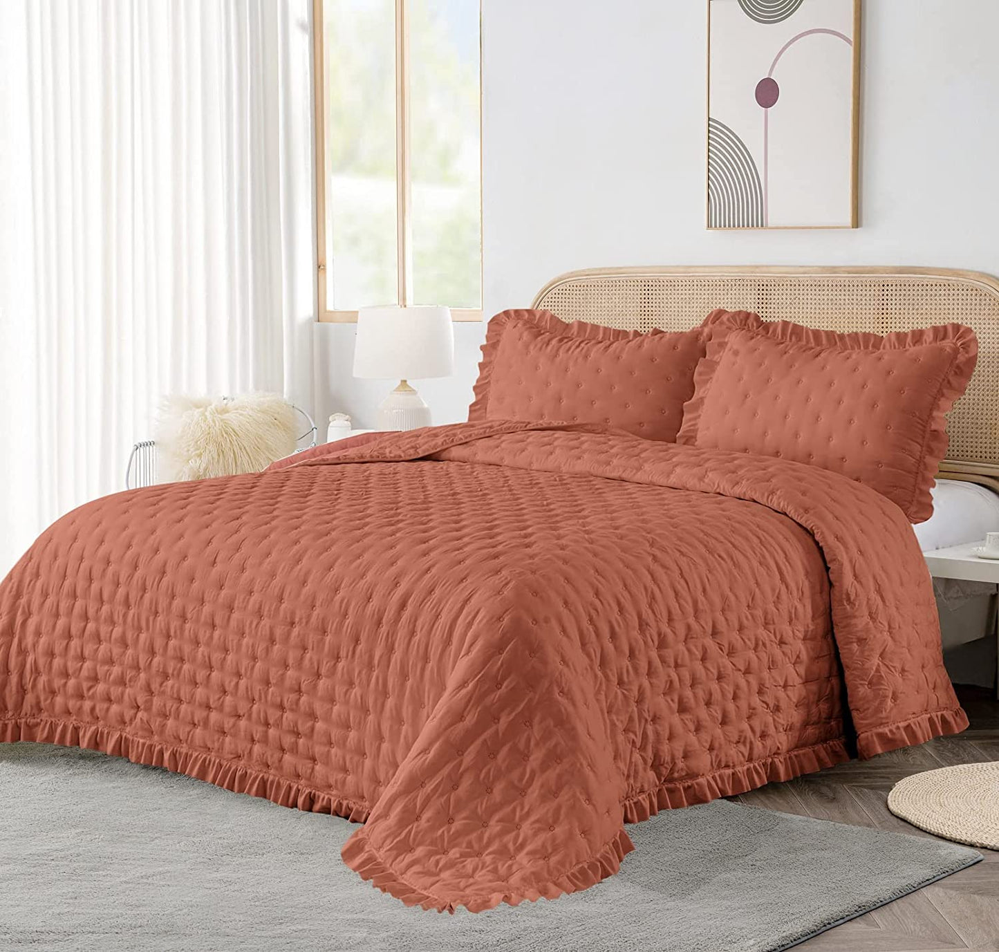 3-Piece King Burnt Orange Quilt Set,Soft Warm Ultrasonic Reversible Pleated Ruffled Coverlet Bedspread Set (104 x 90 Inch) with 2 Pillow Sham (20 x 36 Inch)