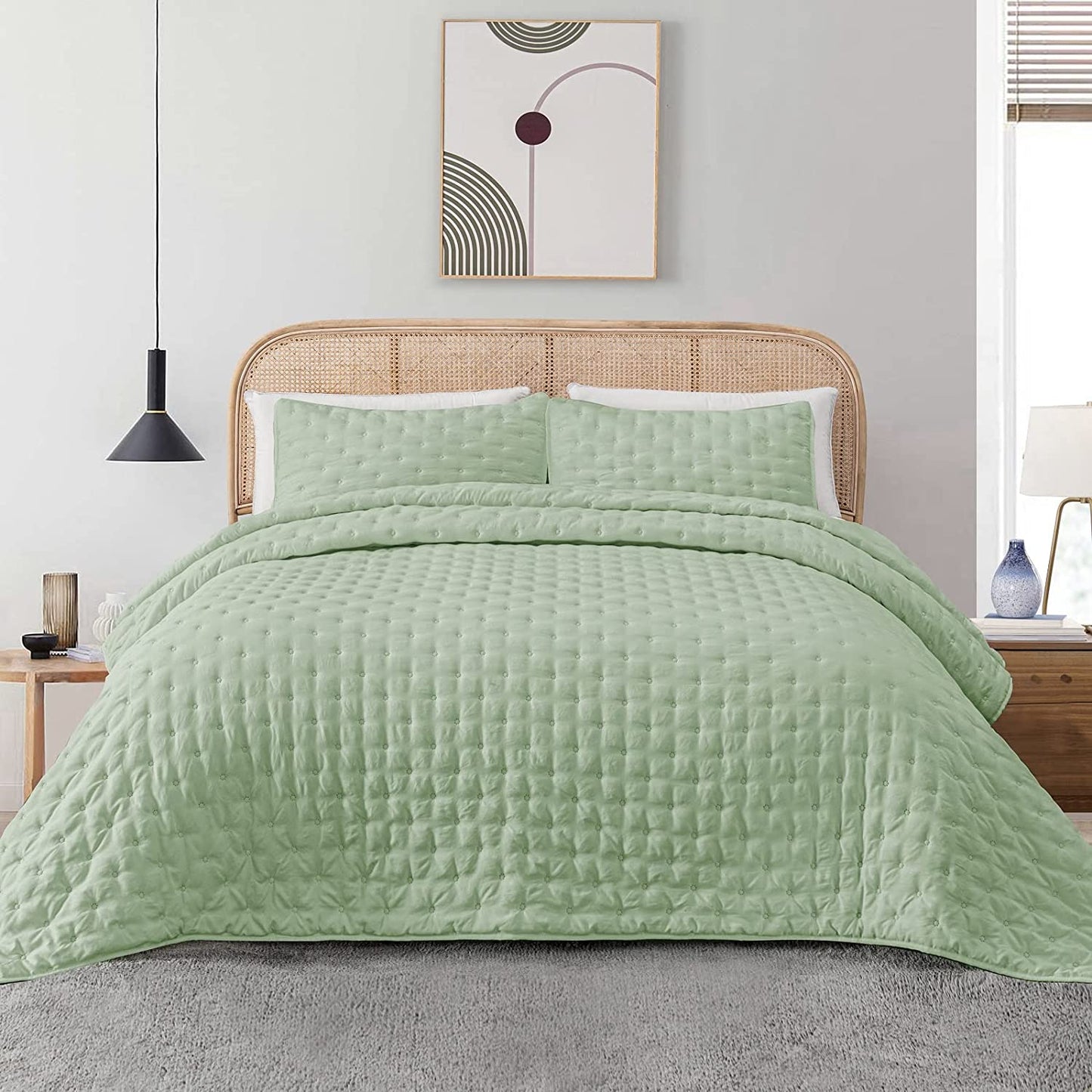 3-Piece King/Queen/Twin Quilt Set Green,Soft Warm Ultrasonic Reversible Coverlet Bedspread Set with 2 Pillow Sham