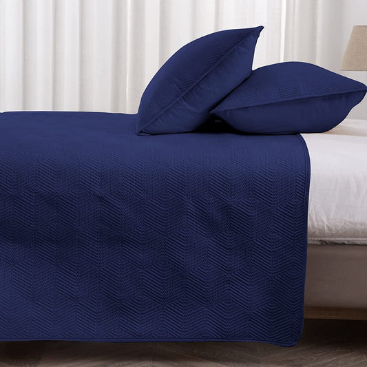 3-Piece Navy Blue King Size Quilt Set,Soft Warm Geometric Ultrasonic Reversible Coverlet Bedspread Set (104 x 90 Inch) with 2 Pillow Sham (20 x 26 Inch)