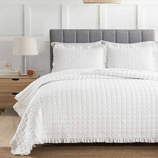 3-Piece King Quilt Set，Soft Warm Pleated Ruffled Reversible Coverlet Bedspread Set with 2 Pillow Sham
