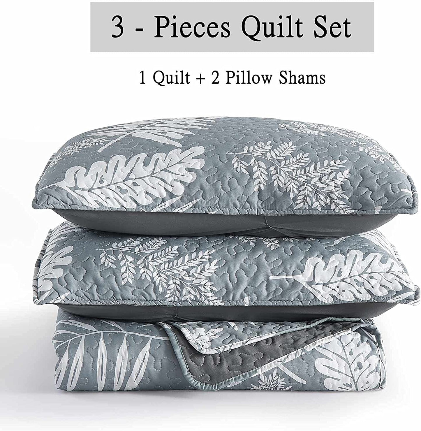 GREAGLE Queen/King Size Quilt Set, Lightweight Leaf Printed Full Size Bedspread Coverlet Set with 2 Pillow Sham, Grey Leaf