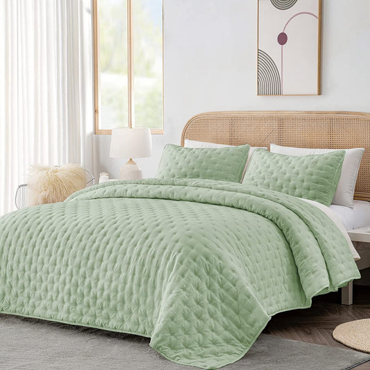 3-Piece King/Queen/Twin Quilt Set Green,Soft Warm Ultrasonic Reversible Coverlet Bedspread Set with 2 Pillow Sham