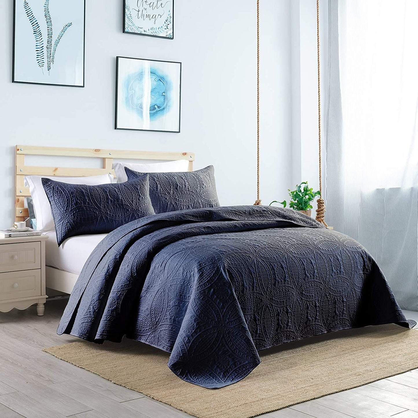 3-Piece King Navy Blue Quilt Set,Lightweight Soft Bedspread with 2 Pillow Shams