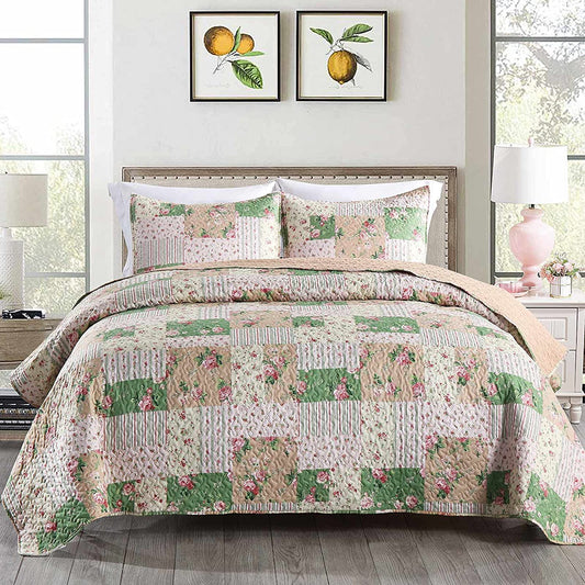 3-Piece Queen Quilt Set Pink Flower Print,Lightweight Soft Warm Full Size Quilt Bedspread Coverlet with 2 Pillow Shams for All Season