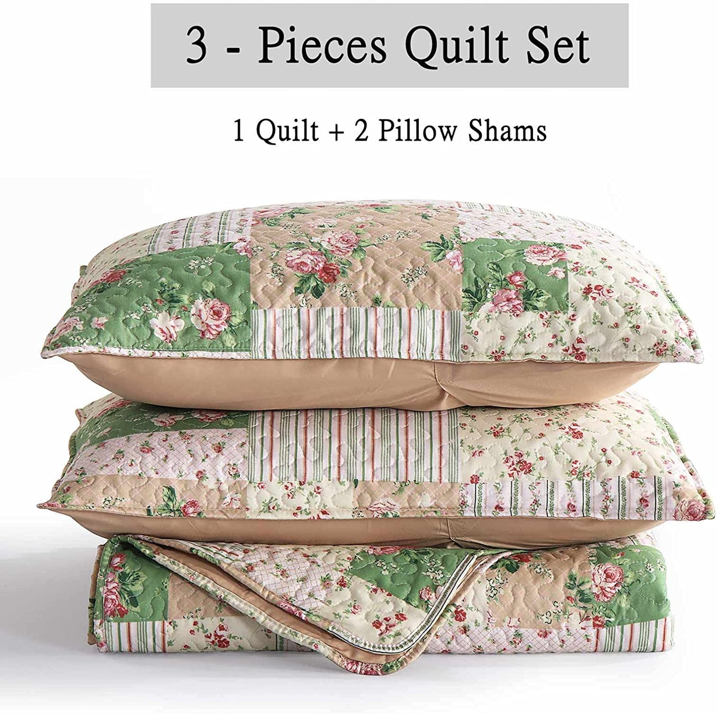 3-Piece Queen Quilt Set Pink Flower Print,Lightweight Soft Warm Full Size Quilt Bedspread Coverlet with 2 Pillow Shams for All Season
