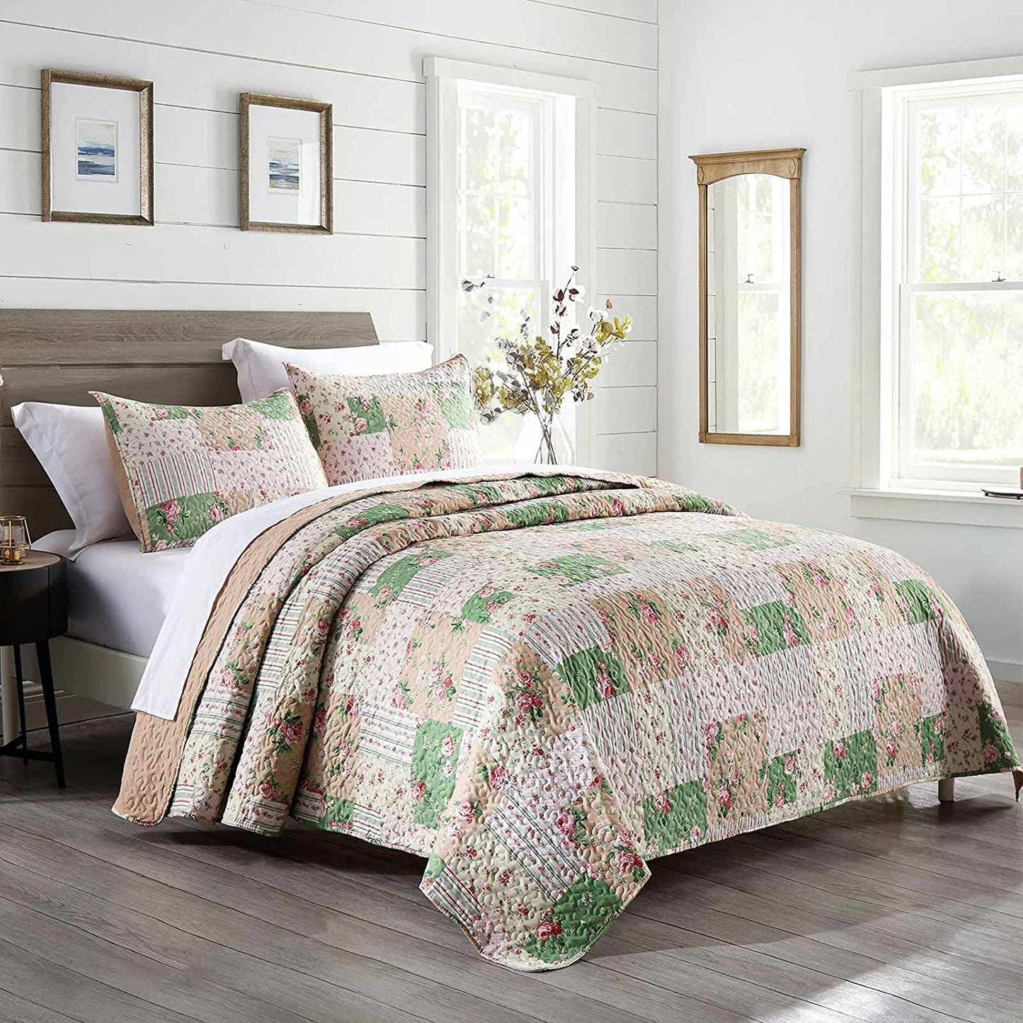 3-Piece Queen Quilt Set Pink Flower Print,Lightweight Soft Warm Full Size Quilt Bedspread Coverlet with 2 Pillow Shams for All Season