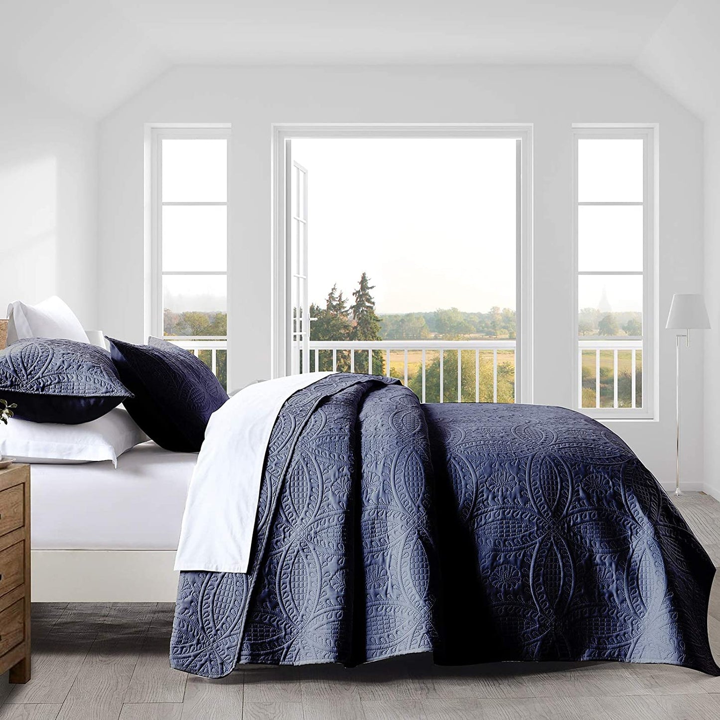 3-Piece King Navy Blue Quilt Set,Lightweight Soft Bedspread with 2 Pillow Shams
