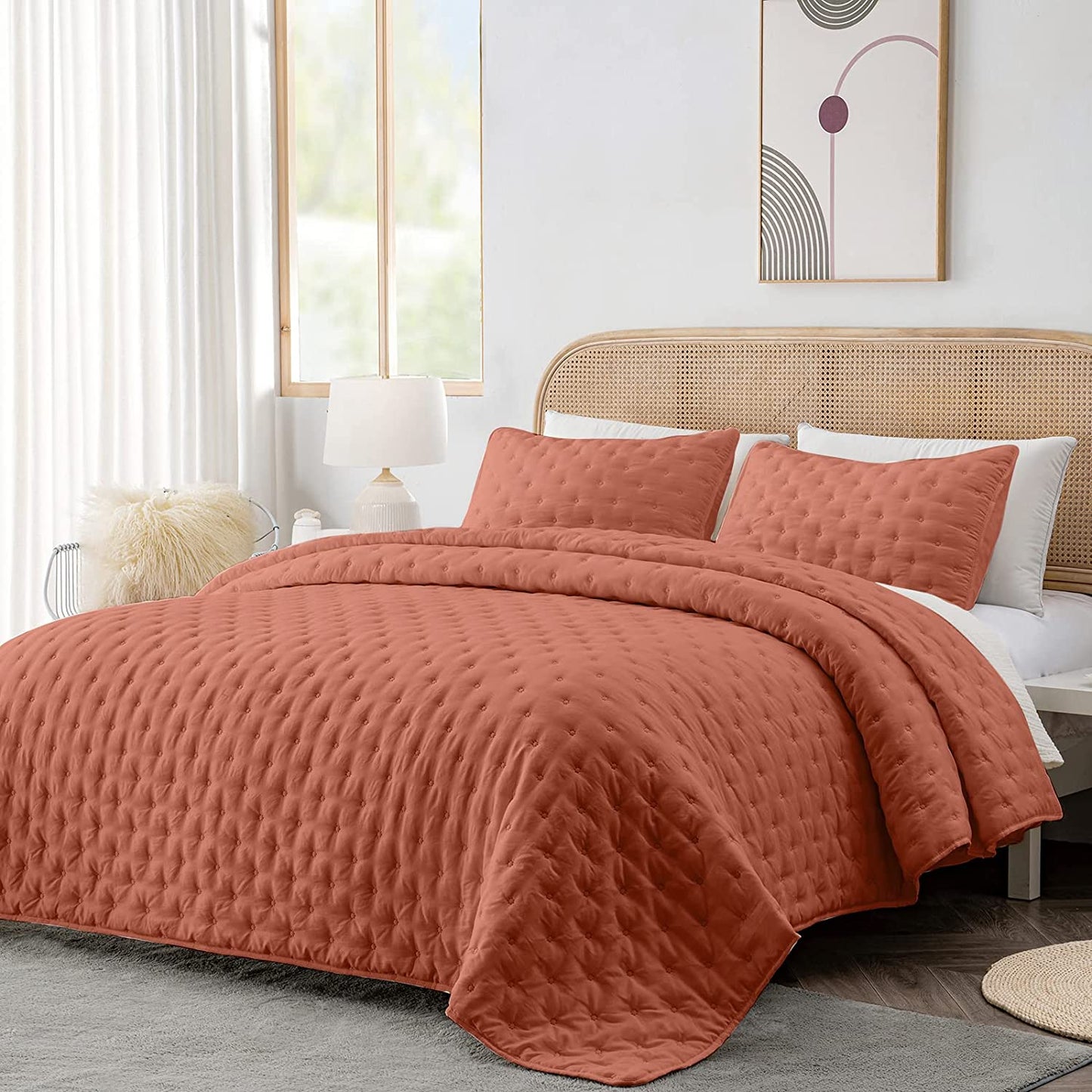 3-Piece King/Queen Burnt Orange Quilt Set,Soft Warm Ultrasonic Reversible Rust Coverlet Bedspread Set with 2 Pillow Sham