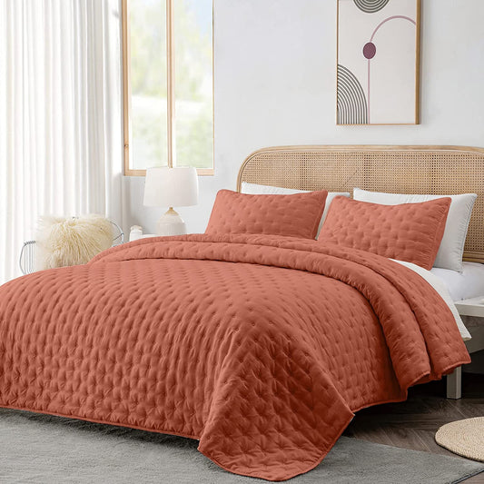 3-Piece King/Queen Burnt Orange Quilt Set,Soft Warm Ultrasonic Reversible Rust Coverlet Bedspread Set with 2 Pillow Sham