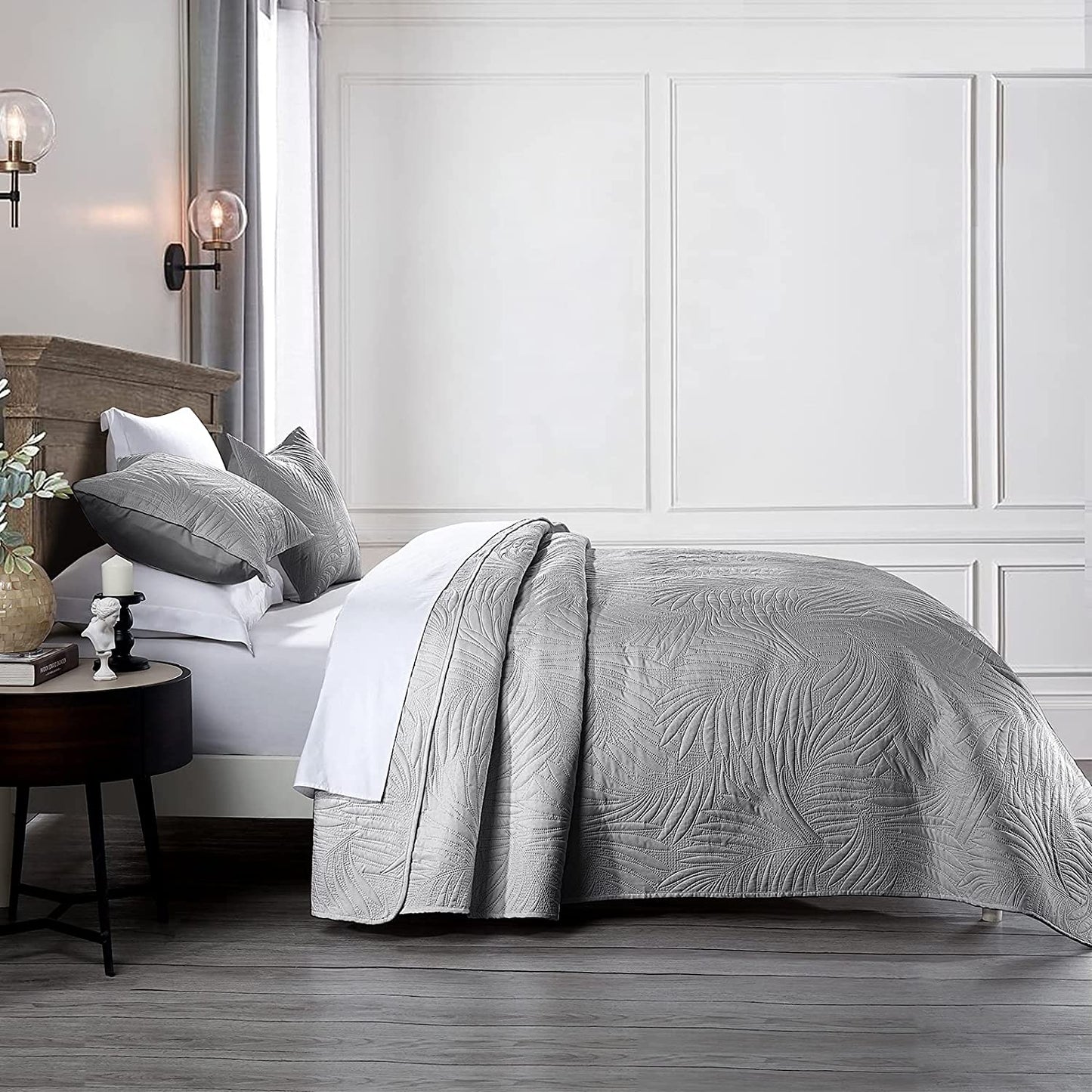3-Piece Queen Grey Quilt Set,Lightweight Soft Warm Full Size Quilt Bedspread Coverlet with 2 Pillow Shams for All Season