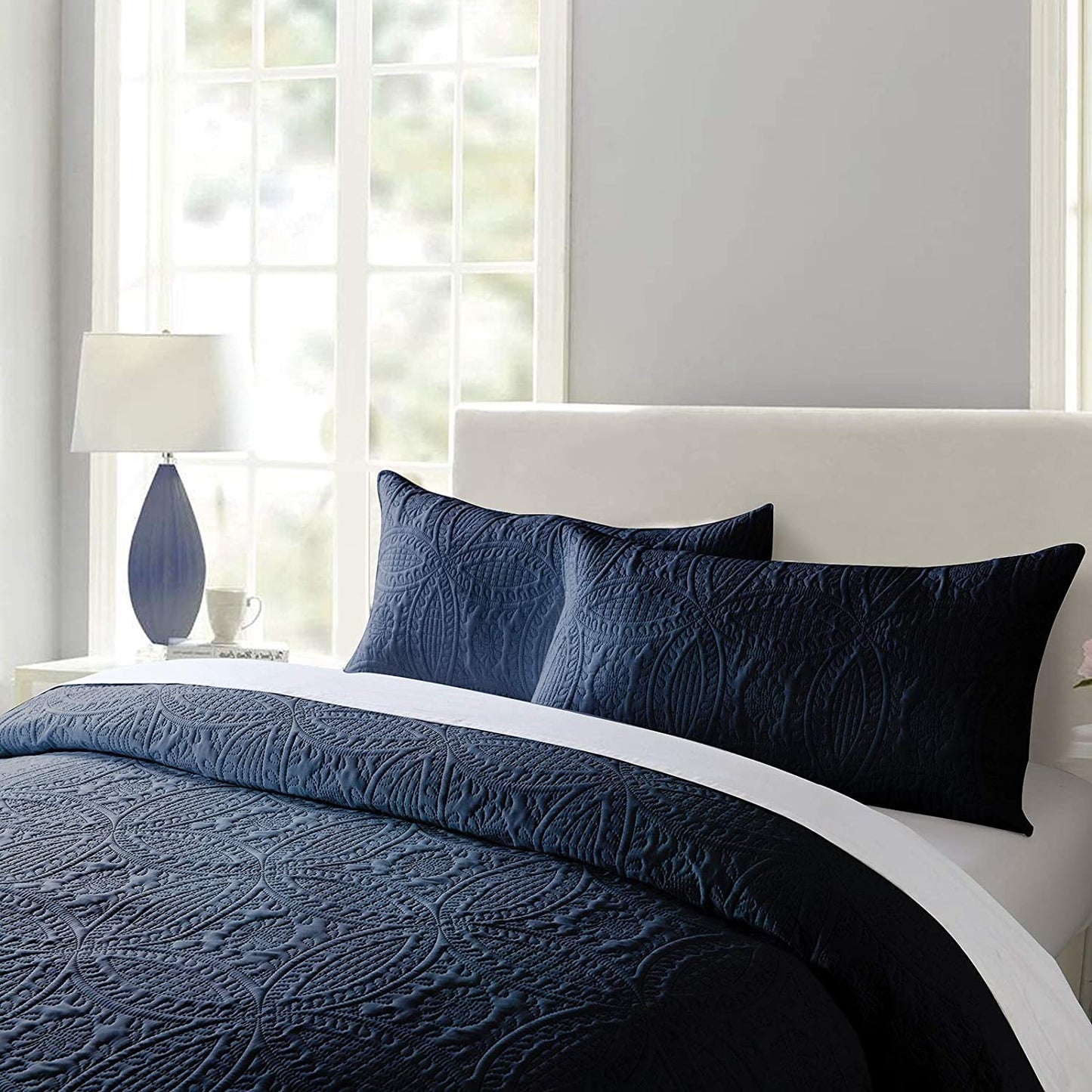 3-Piece King Navy Blue Quilt Set,Lightweight Soft Bedspread with 2 Pillow Shams