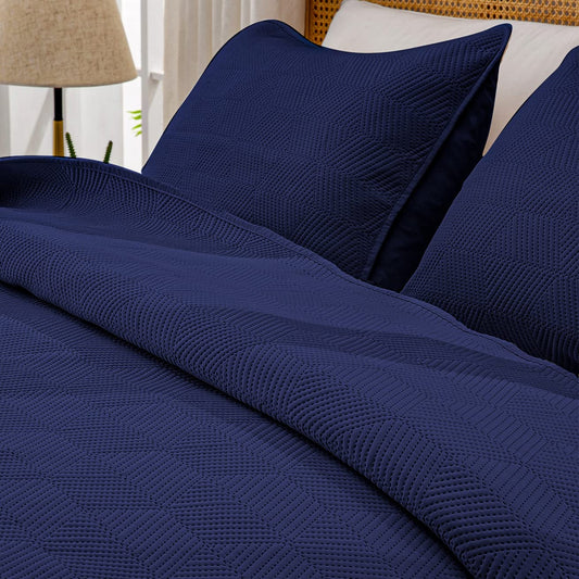 3-Piece Navy Blue Queen Size Quilt Set,Soft Warm Geometric Ultrasonic Reversible Coverlet Bedspread Set (90 x 90 Inch) with 2 Pillow Sham (20 x 26 Inch)