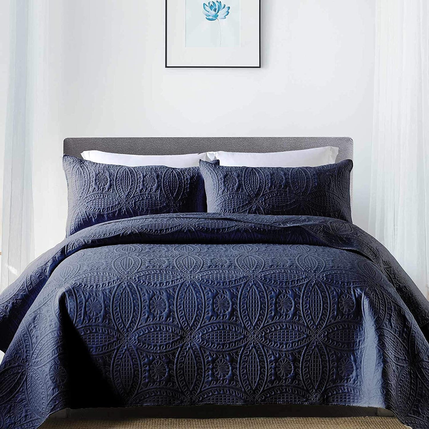 3-Piece King Navy Blue Quilt Set,Lightweight Soft Bedspread with 2 Pillow Shams