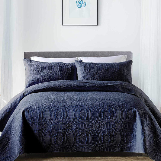 3-Piece King Navy Blue Quilt Set,Lightweight Soft Bedspread with 2 Pillow Shams