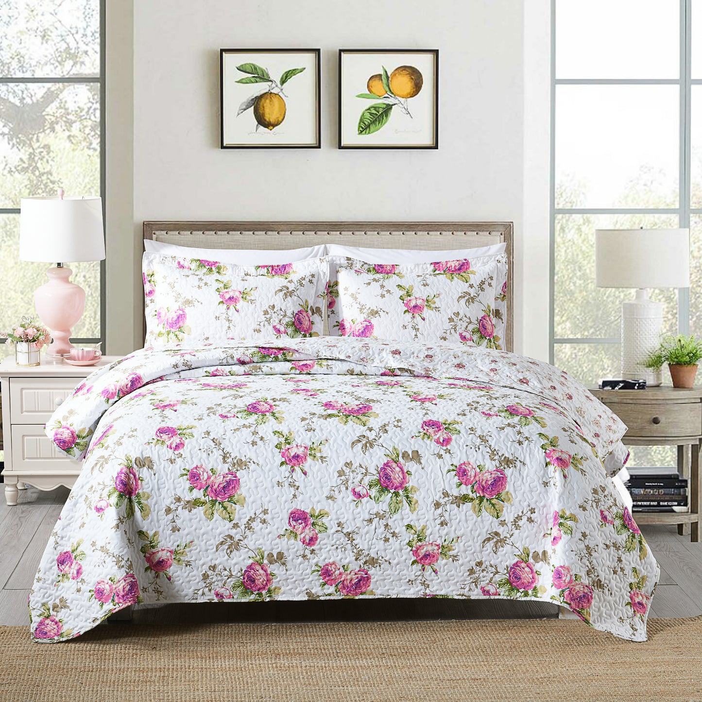 3-Piece Queen Quilt Set, Lightweight Soft Warm Full Size Quilt Bedspread Coverlet (90x90 in) with 2 Pillow Shams (20x26 in) for All Season, Rose Print