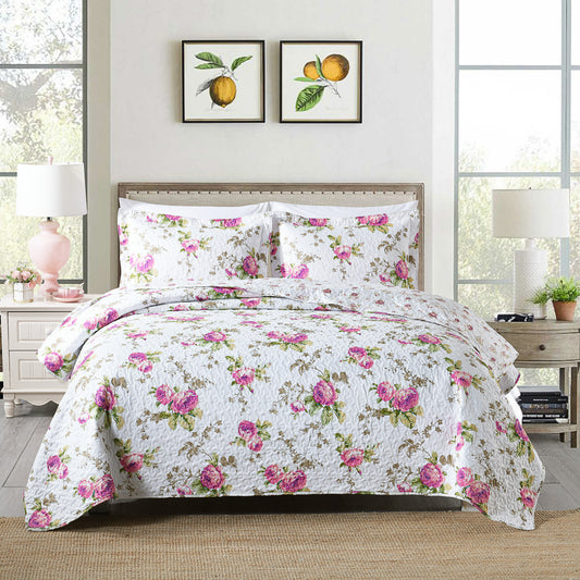 3-Piece Queen Quilt Set, Lightweight Soft Warm Full Size Quilt Bedspread Coverlet (90x90 in) with 2 Pillow Shams (20x26 in) for All Season, Rose Print