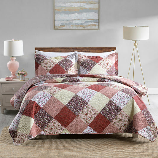 3-Piece Plaid Quilt Set, Queen/King Size Quilt Bedspread Coverlet Bedding Set with 2 Pillow Shams for All Season