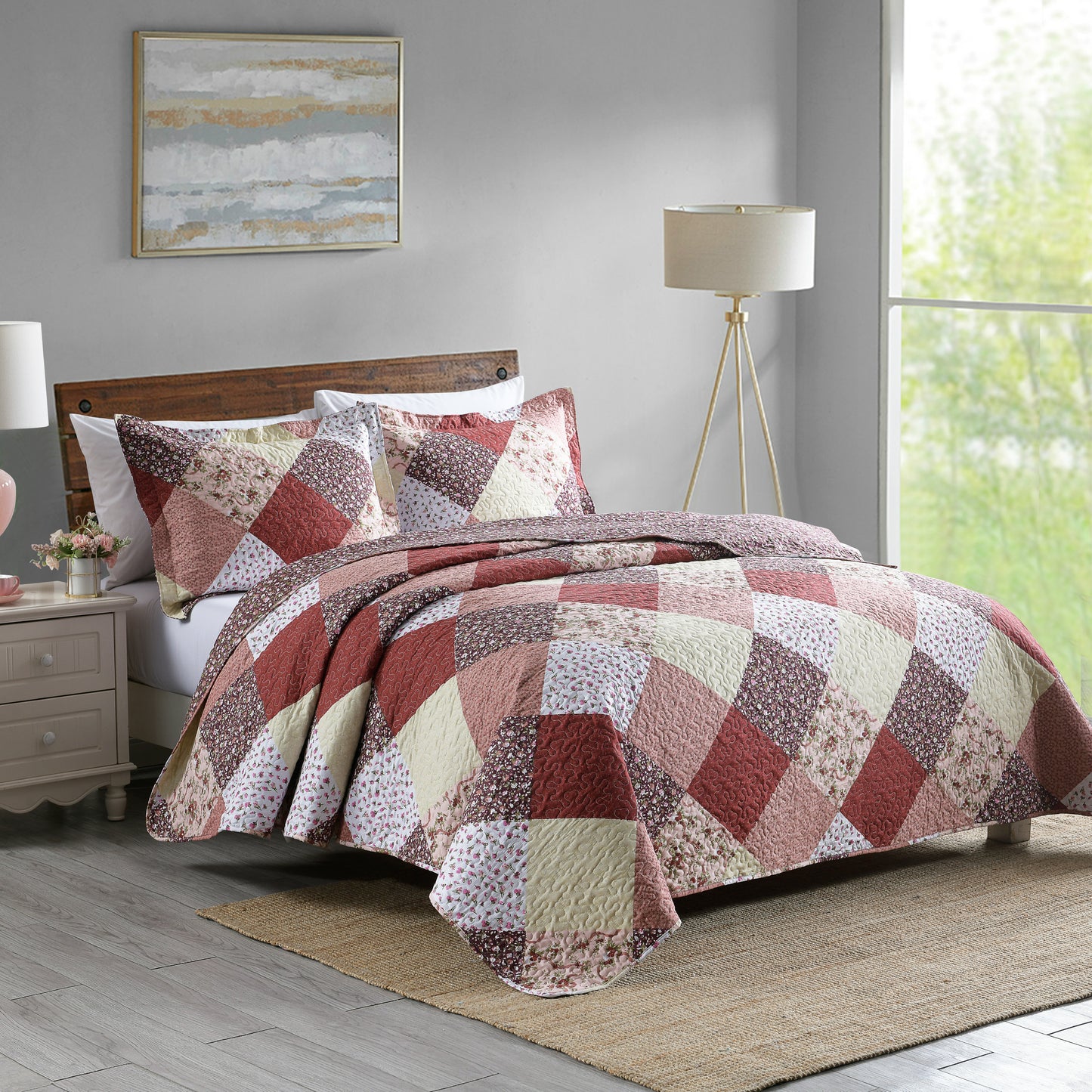 3-Piece Plaid Quilt Set, Queen/King Size Quilt Bedspread Coverlet Bedding Set with 2 Pillow Shams for All Season