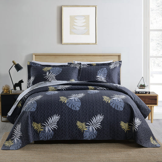 3-Piece Navy Leaf Quilt Set, Queen/King Size Quilt Bedspread Coverlet Bedding Set with 2 Pillow Shams for All Season