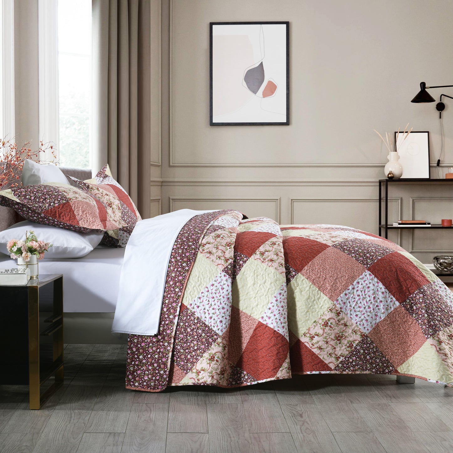 3-Piece Plaid Quilt Set, Queen/King Size Quilt Bedspread Coverlet Bedding Set with 2 Pillow Shams for All Season