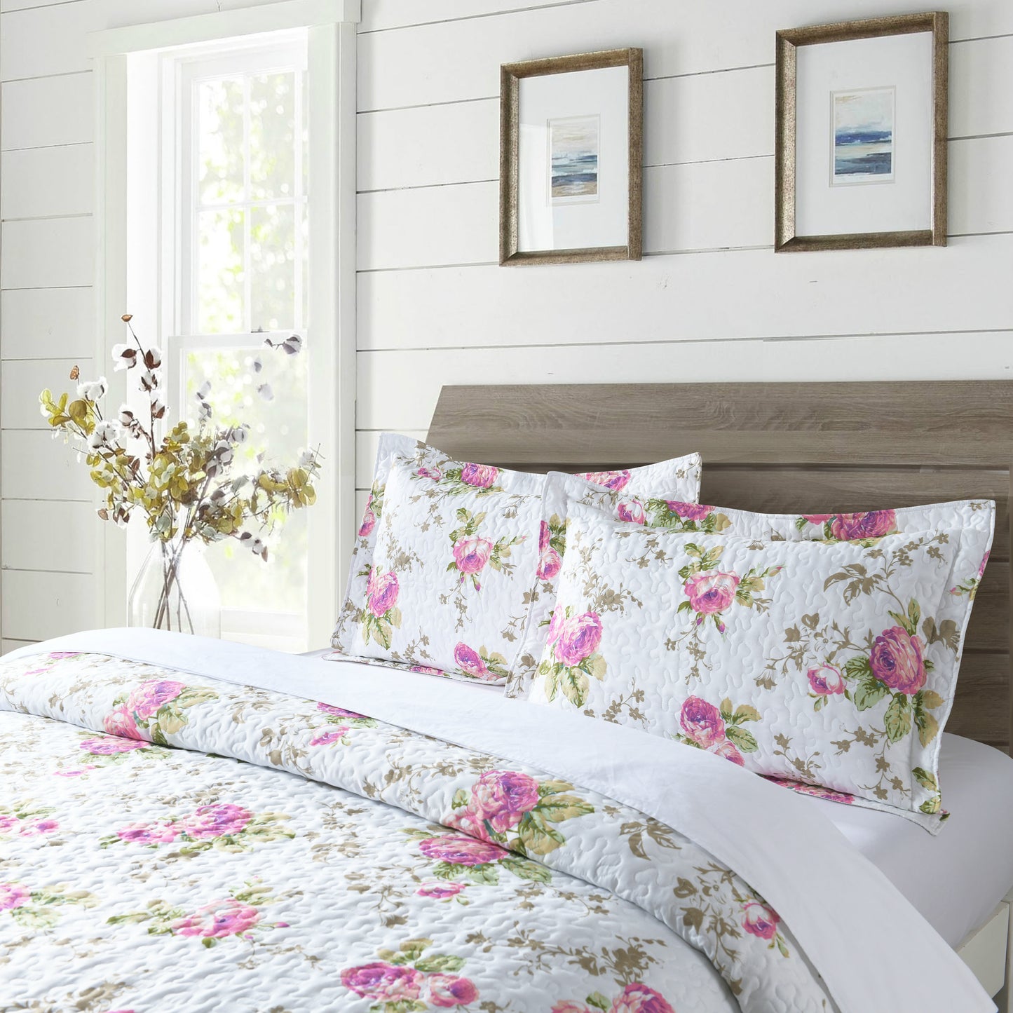3-Piece Queen Quilt Set, Lightweight Soft Warm Full Size Quilt Bedspread Coverlet (90x90 in) with 2 Pillow Shams (20x26 in) for All Season, Rose Print