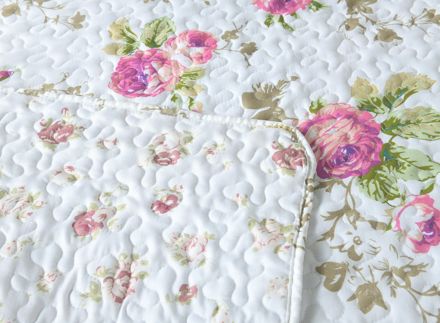 3-Piece Queen Quilt Set, Lightweight Soft Warm Full Size Quilt Bedspread Coverlet (90x90 in) with 2 Pillow Shams (20x26 in) for All Season, Rose Print