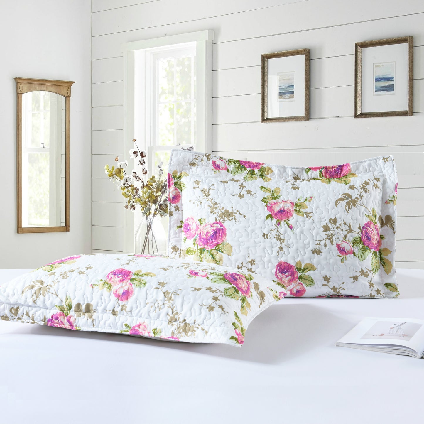3-Piece Queen Quilt Set, Lightweight Soft Warm Full Size Quilt Bedspread Coverlet (90x90 in) with 2 Pillow Shams (20x26 in) for All Season, Rose Print