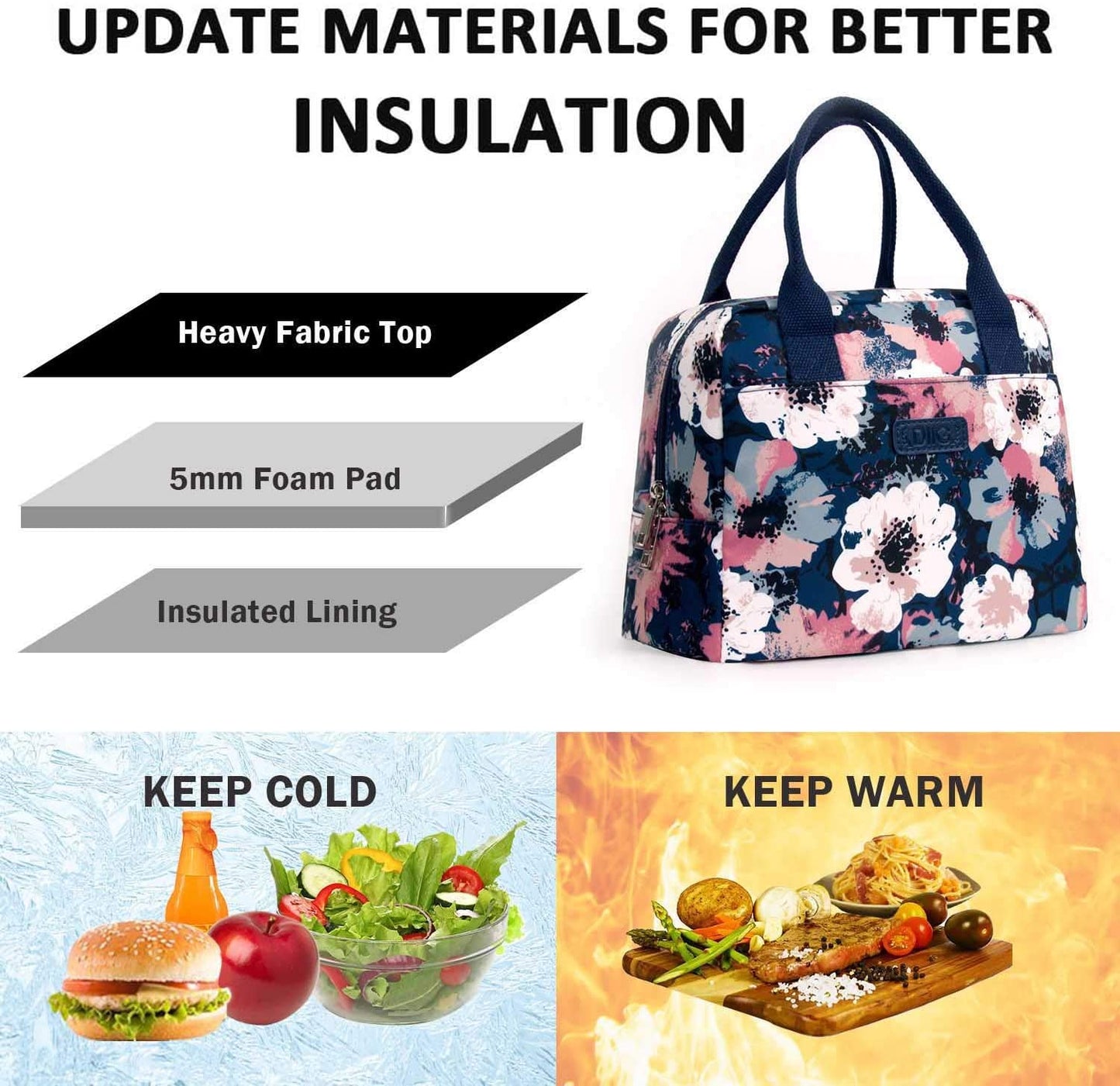 Flower Lunch Box for Women Teen Girls, 7.5L Reusable Insulated Cooler Cute Lunch Tote Bag for School Picnic