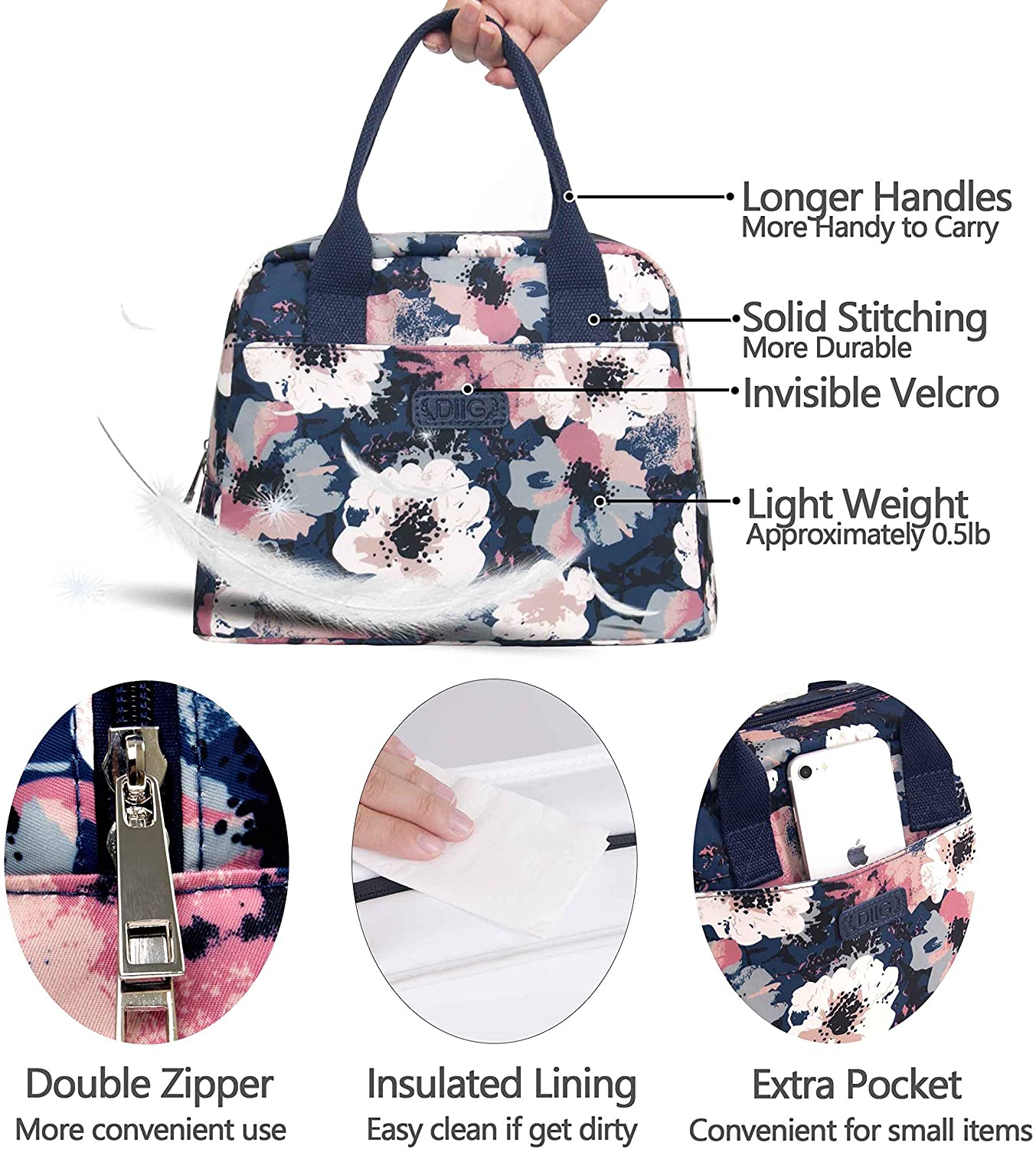 Flower Lunch Box for Women Teen Girls, 7.5L Reusable Insulated Cooler Cute Lunch Tote Bag for School Picnic