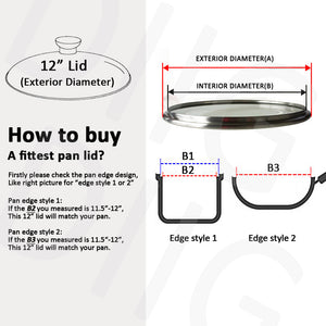 Glass Lid for Frying Pan, Tempered Replacement Cover Compatible with All 12 inches Cookware for Skillets, Round Cast Iron, Cast Aluminium, Stainless Steel Pans &Pots