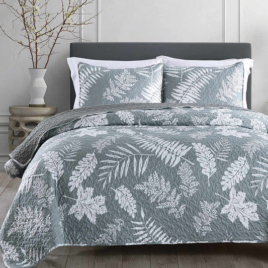 3-Piece Queen Quilt Set, Lightweight Soft Warm Full Size Quilt Bedspread Coverlet (90x90 in) with 2 Pillow Shams (20x26 in) for All Season, Leaf Print