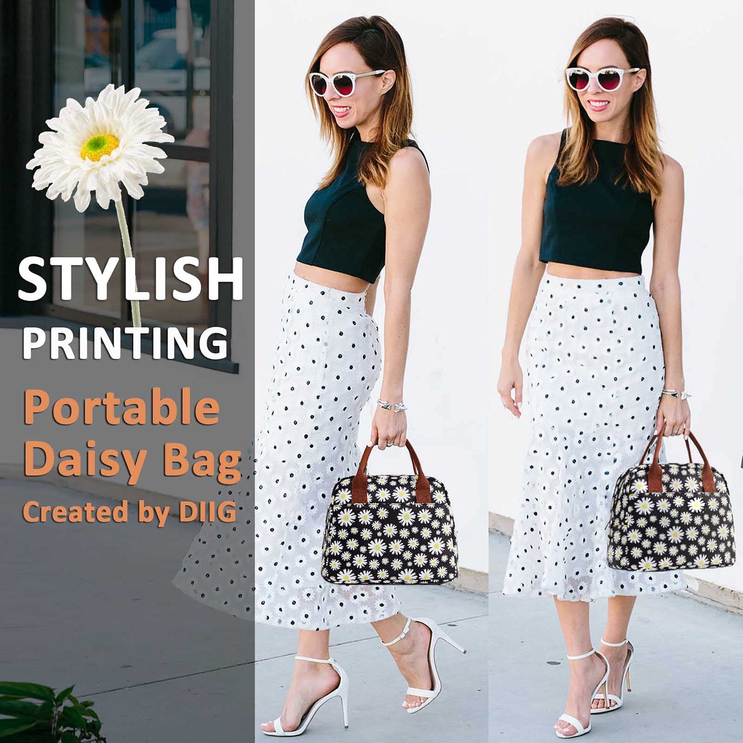 DIIG Daisy Lunch Bags Girls Women Insulated Cooler Tote Box for School Work, Floral