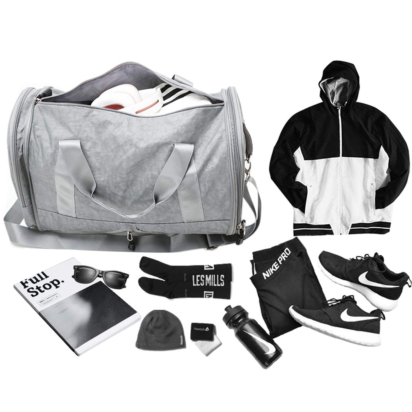 DIIG Gym Bag for Men, Women Foldable Nylon Sport Bags with Shoe Packet, Gray Travel Bag 30L