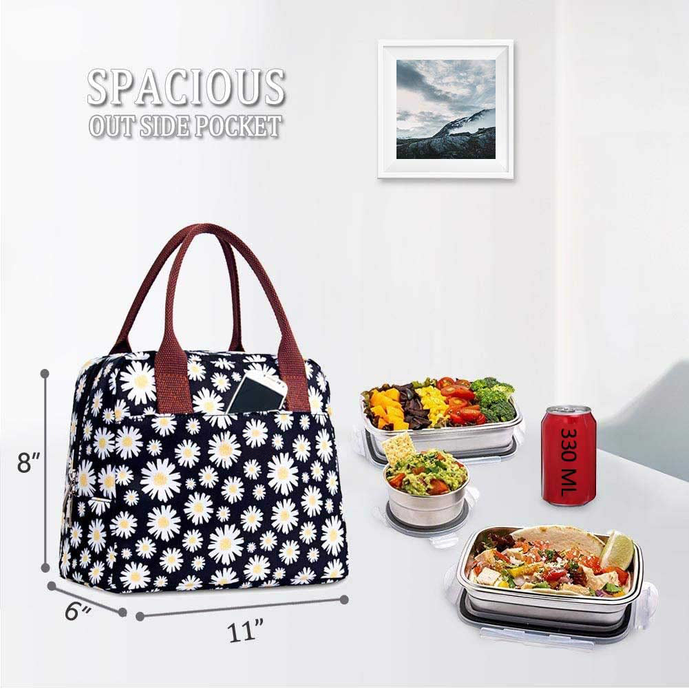 DIIG Daisy Lunch Bags Girls Women Insulated Cooler Tote Box for School Work, Floral