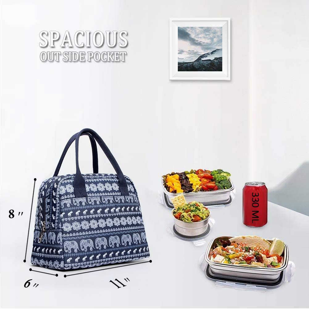 Boho Lunch Bag for Women Girls, Reusable Insulated Cooler Cute Lunch Tote Bag for School Picnic, Elephant Print