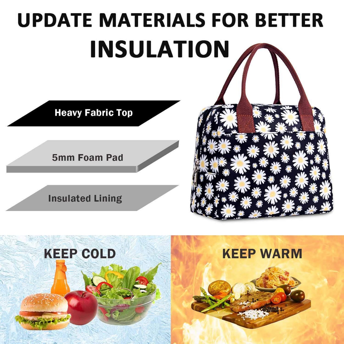 Teen Lunch Bags Girls Women Insulated Cooler Tote Box for School Work, Floral