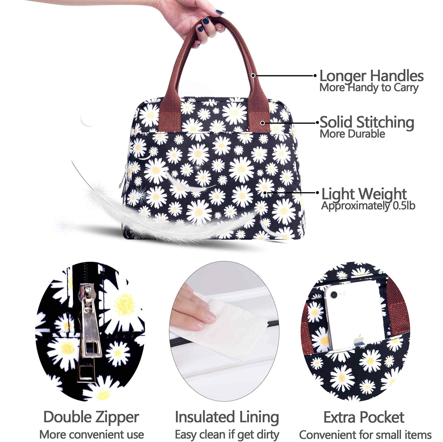 Teen Lunch Bags Girls Women Insulated Cooler Tote Box for School Work, Floral