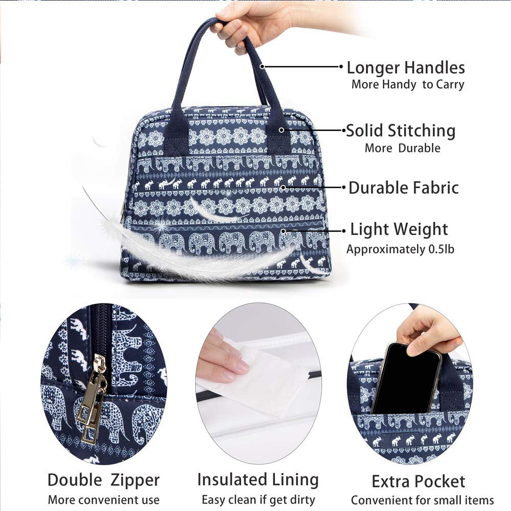 Boho Lunch Bag for Women Girls, Reusable Insulated Cooler Cute Lunch Tote Bag for School Picnic, Elephant Print