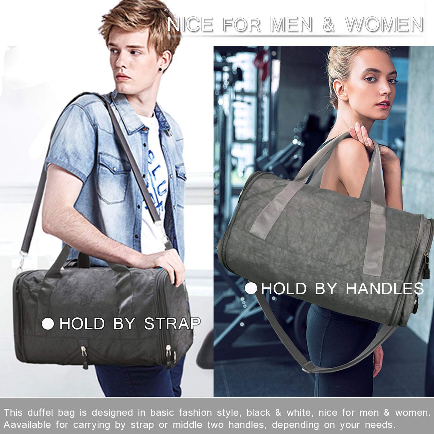 DIIG Gym Bag for Men, Women Foldable Nylon Sport Bags with Shoe Packet, Gray Travel Bag 30L