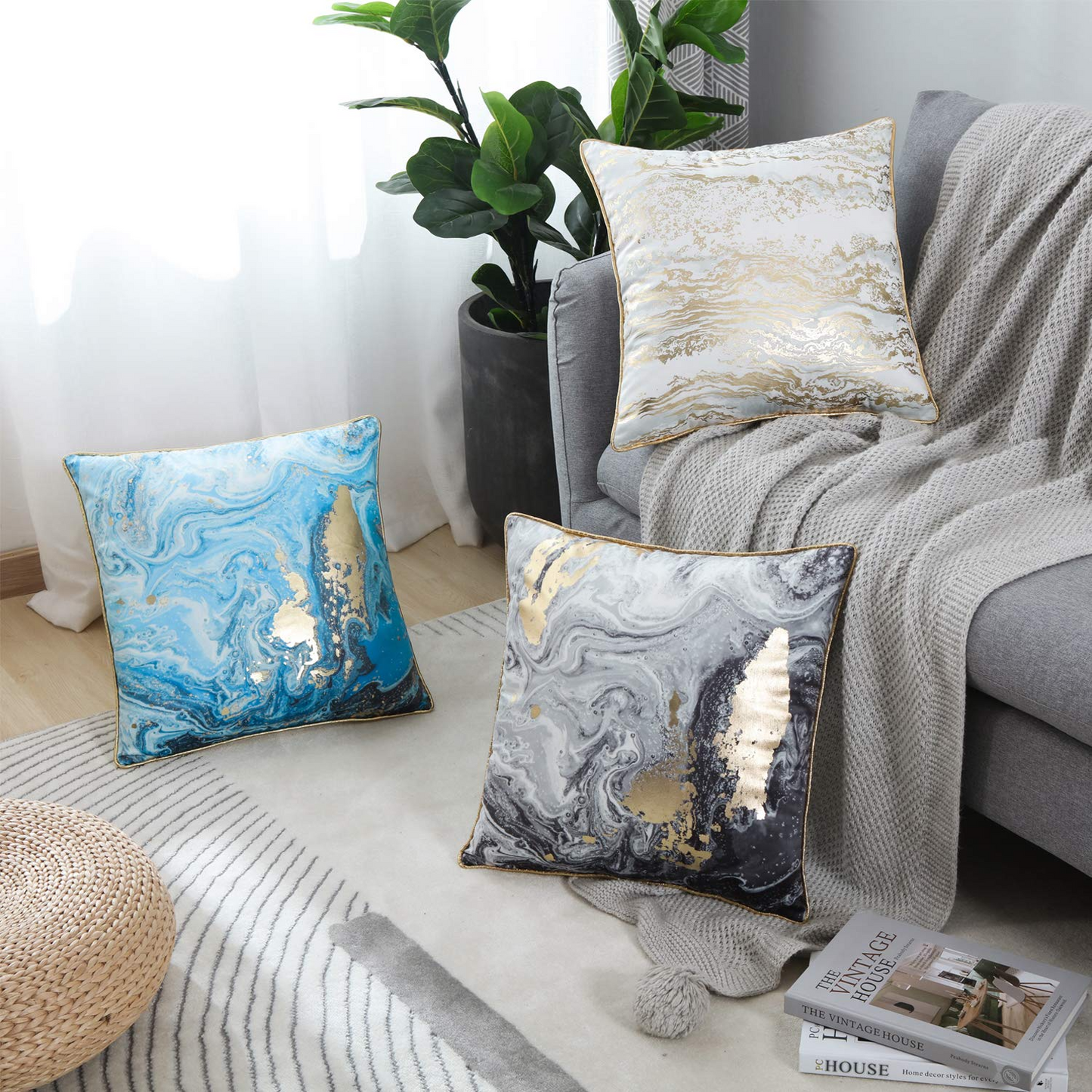 GREAGLE Throw Pillow Covers Cases Cushion Covers for Living Room Blue Gold